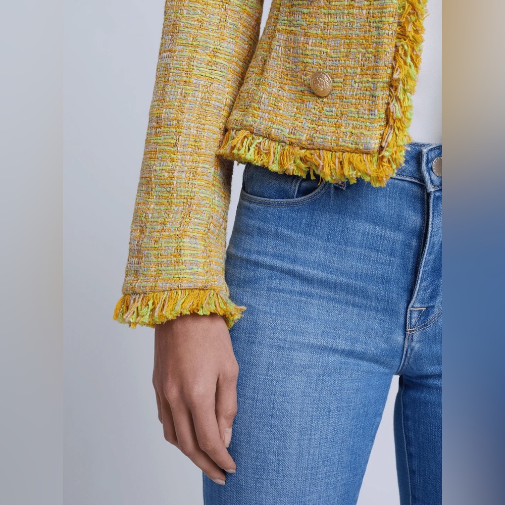 L’AGENCE Tinlee Blazer in Yellow Multi Tweed open front jacket Chanel-like, sz 0 - Picture 7 of 17
